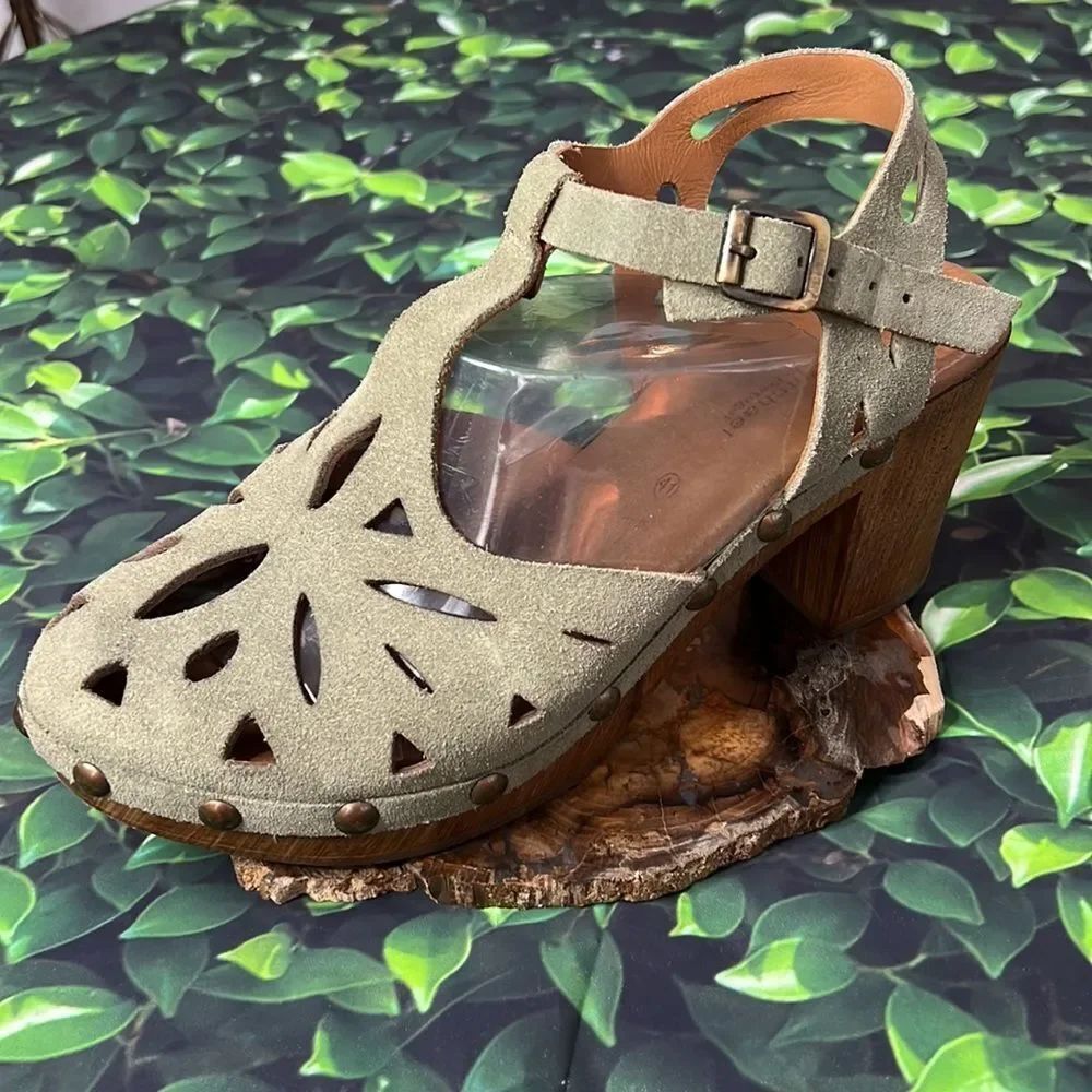 * Eric Michael green suede eyelet stud detail clog style heels